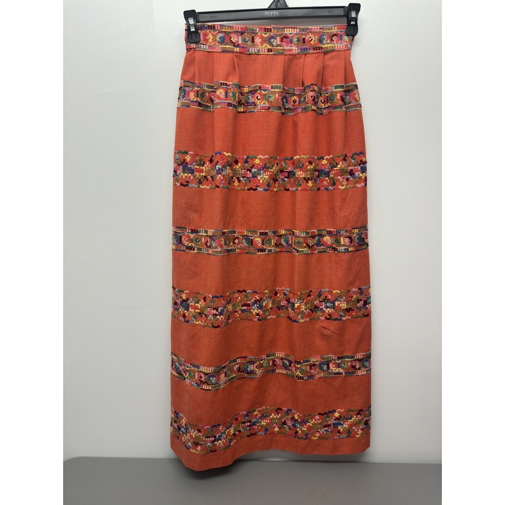 Vintage‎ JOSEPH MAGNIN ORANGE  Embroidered SKIRT Rare- Waist 27" #30